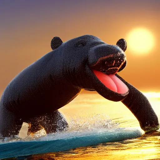 Image similar to a closeup photorealistic photograph of a cute smiling knitted tiger hippopotamus chasing a beachball during sunset. surf in background. professional capture. this 4 k hd image is trending on artstation, featured on behance, well - rendered, extra crisp, features intricate detail, epic composition and the style of unreal engine.