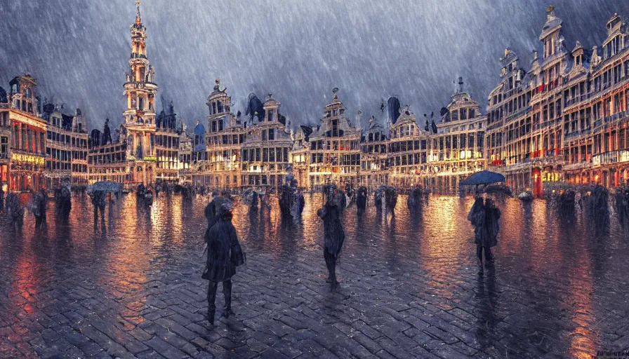 Image similar to grand place of brussels, rainy evening, people with umbrellas, hyperdetailed, artstation, cgsociety, 8 k