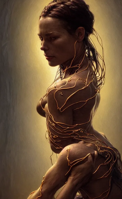 Prompt: portrait of a dark goddess, gold wires, visible veins and nerves and muscles and bones and arteries, intricate, headshot, highly detailed, digital painting, artstation, concept art, sharp focus, cinematic lighting, illustration, art by artgerm and greg rutkowski, alphonse mucha, cgsociety