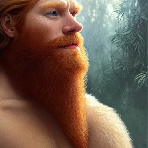 Prompt: beautiful natural middle aged bearded and very hairy male ginger god wearing only a white perizoma loincloth, intricate, elegant, highly detailed, digital painting, artstation, concept art, smooth art, sharp focus, illustration, art by artgerm and greg rutkowski and alphonse mucha and loish and WLOP