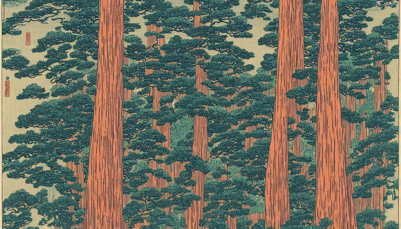 Image similar to giant redwood trees by hokusai