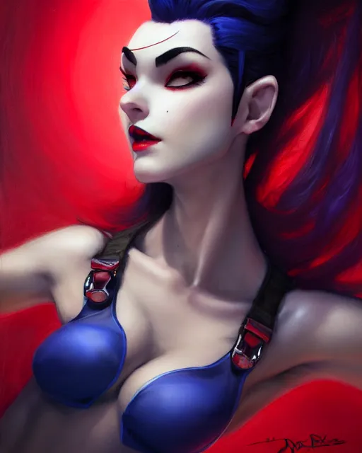 Prompt: widowmaker from overwatch wearing red lace halter top, perfect face, dark blue hair, abs, cinematic, stunning, athletic, strong, agile, highly detailed, psychedelic, digital painting, artstation, smooth, hard focus, illustration, art by jessica rossier and and brian froud