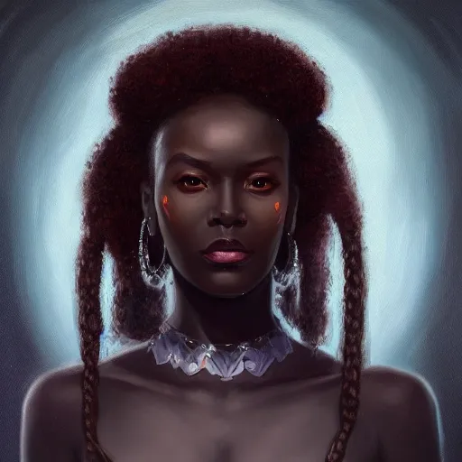 Image similar to a detailed matte oil on canvas head on symmetrical portrait of black skinned woman with long with hair, clothed by charlie bowater, lise deharme, wlop, trending on artstationhd, dungeons and dragons art critical role