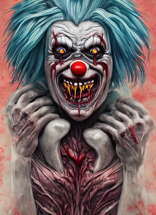 Image similar to evil horror clown, monster anatomy, ross tran, vivid colors, anatomical, highly detailed sculpture, intricate detailed, ommatidia, 8 k, cinematic atmosphere, post - processing