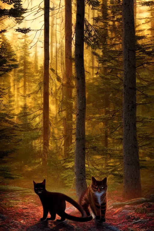 Prompt: A Maine forest with realistic cats roaming around beautiful lighting during golden hour. 50mm, f/1.8, Realistic details. Ultra HD. 8K V-ray. unity hdrp render. Professionally color graded. Concept art. Vibrant colors. fog. Bokeh