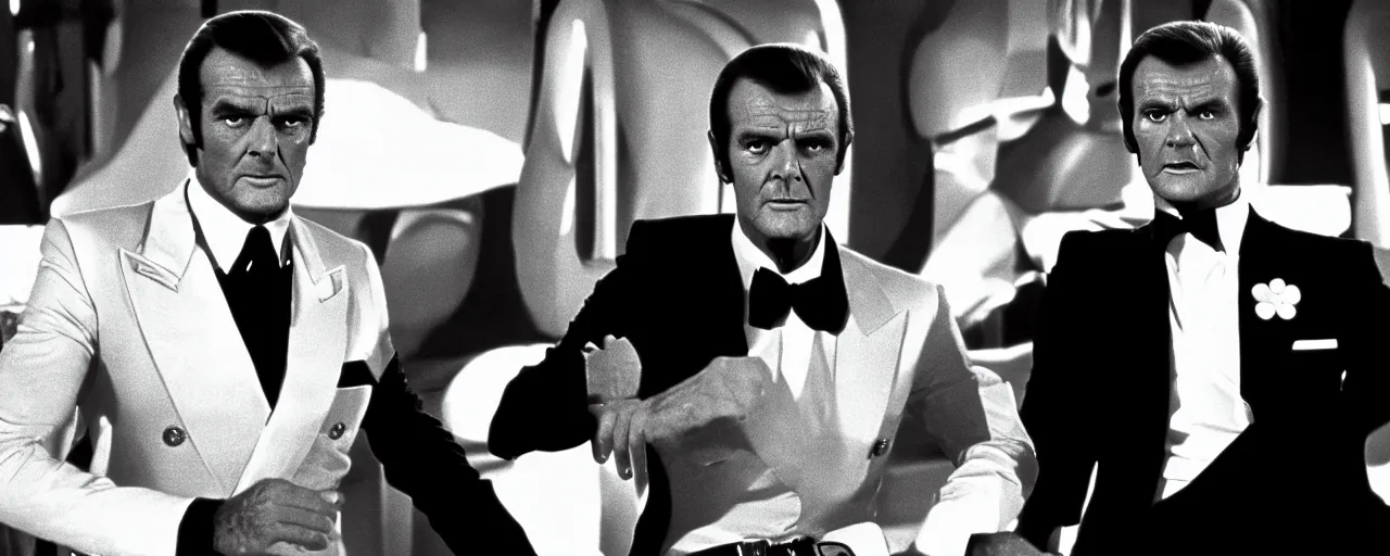 Prompt: a film still of Sean Connery and Roger Moore both as James Bond in Star Wars 1977 high quality .