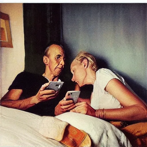 Image similar to “a man and a woman lying on a bed in an apartment in Copenhagen at night, staring at their phones, photorealistic oil painting by Norman Rockwell, trending on art station”