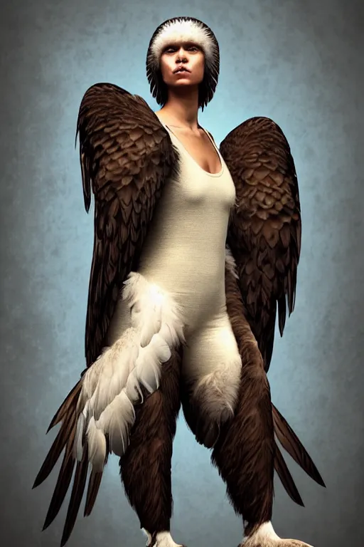 Image similar to epic professional digital art of female human - eagle hybrid animal, sitting, wearing human air force jumpsuit, humanoid feathered head, eagle beak, by lisa roet, reyna rochin, ignacio fernandez rios, leesha hannigan, wayne haag, artstation, cgsocietywlop, epic, much wow, much detail