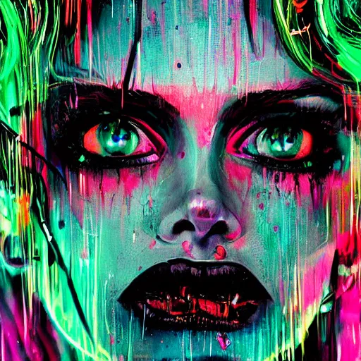 Image similar to splashes of neon, punk portrait made out of paint with rain in the background, trending on artstation, epic composition, emotional, beautiful, rendered in octane, highly detailed, realistic, tim burton comic book art, sharp focus, detailed eyes