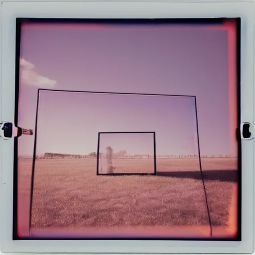 Prompt: a pastel coloured Polaroid photo of a large cube made of transparent neon perspex, each pane is a different colour stood in a field, beams of light, nostalgic