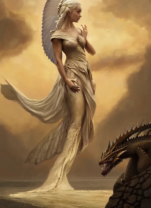 Image similar to a painting of Daenerys Targaryen in fantastic dress next to a dragon, by Jaime Jones,Tom Bagshaw,Lawrence Alma-Tadema,greg rutkowski,deviantart contest winner, fantasy art, daz3d,intricate,elegant,highly detailed,8k,digital painting,concept art, sharp focus, illustration,golden ratio