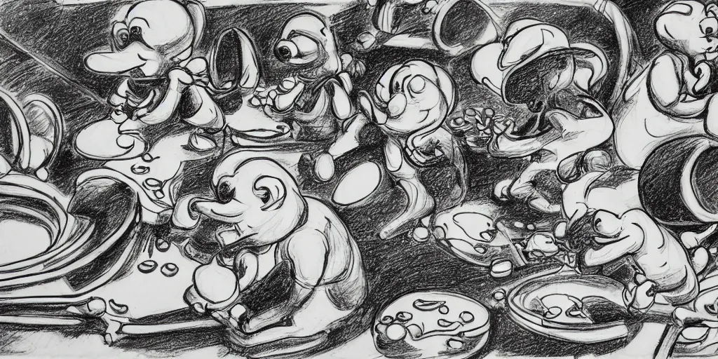 Image similar to high detailed drawing of smurfs and long white bones black and white, tables, tools, leaking oil, line art, pen & ink drawing