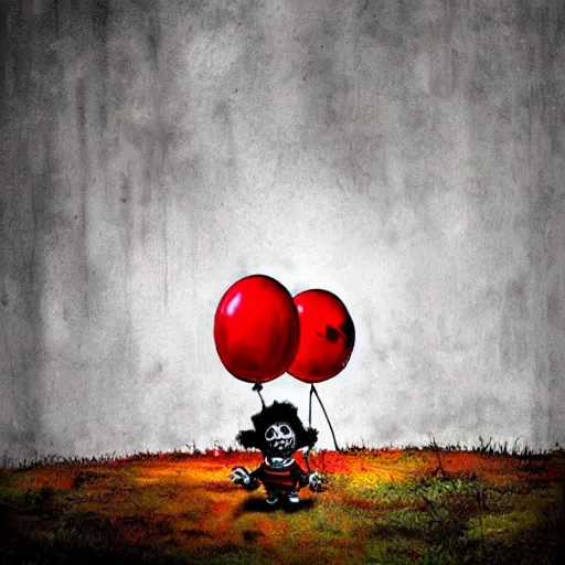 Prompt: grunge cartoon landscape sketch of chucky with a wide smile and a red balloon by - michal karcz, loony toons style, pennywise style, mona lisa style, horror theme, detailed, elegant, intricate