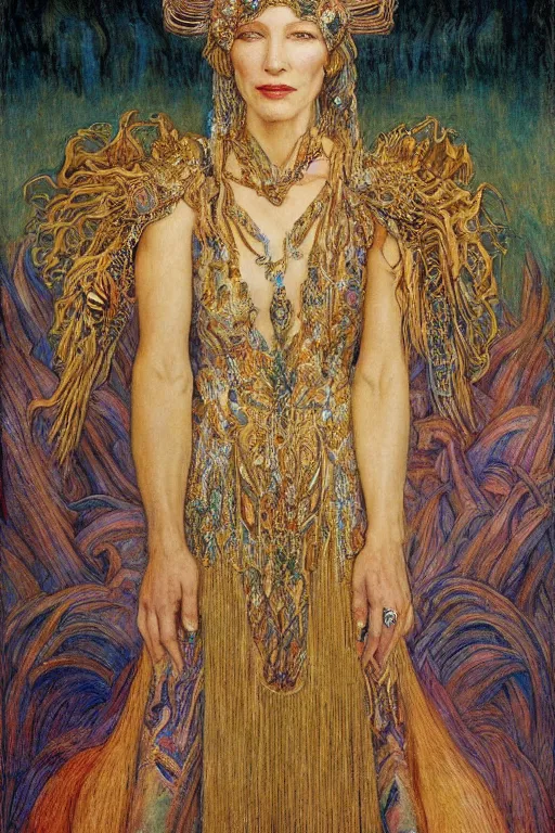 Prompt: cate blanchett , by jean delville and Gaston Bussière and Tino Rodriguez and Diego Rivera , elaborate headdress and embroidered velvet, iridescent beetles, rich color, dramatic cinematic lighting, extremely detailed