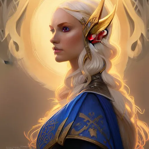 Image similar to half elf sorceress, D&D, blue eyes, blonde hair, fantasy, intricate, elegant, highly detailed, digital painting, artstation, concept art, smooth, sharp focus, illustration, art by artgerm and greg rutkowski and alphonse mucha