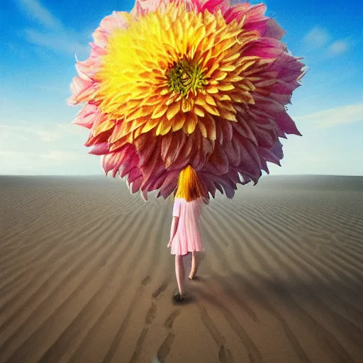 Image similar to closeup giant dahlia flower over head, a girl walking between dunes, surreal photography, sunrise, blue sky, dramatic light, impressionist painting, digital painting, artstation, simon stalenhag