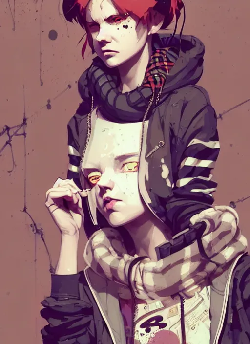 Image similar to highly detailed portrait of a sewer punk lady, tartan hoody, white ringlet hair by atey ghailan, by greg rutkowski, by greg tocchini, by james gilleard, by joe fenton, by kaethe butcher, gradient peach, brown, blonde cream and white color scheme, grunge aesthetic!!! ( ( graffiti tag wall background ) )