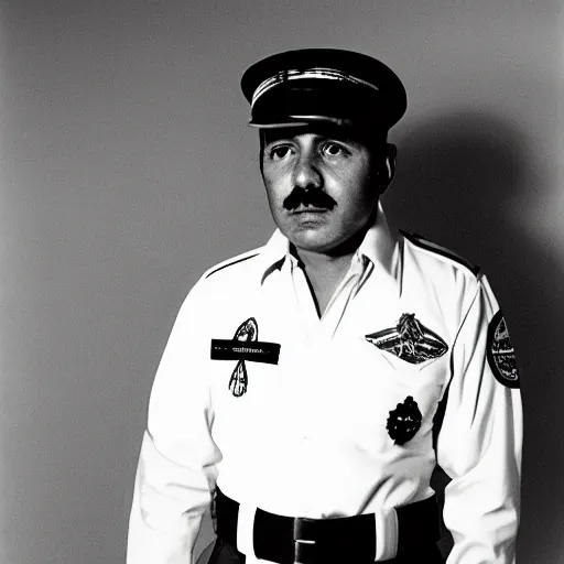 Image similar to a long shot, black & white studio photographic portrait of a mexican pilot, dramatic backlighting, 1 9 9 3 photo from life magazine, color photo