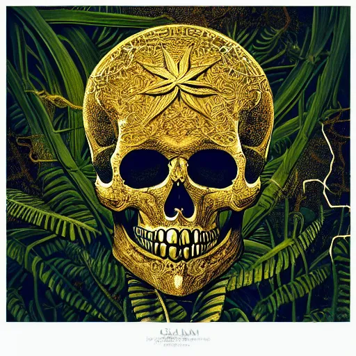 Prompt: chiaroscuro Still life photo of ray of light shining on golden skull completely etched with detailed and intricate ancient rune symbols, and overtaken by plant ivy filigree, in a Vast jungle background, by ayami kojima
