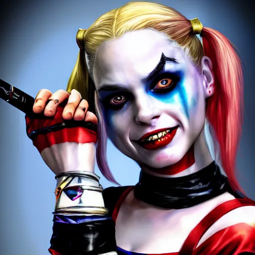 Image similar to Harley Quinn from the suicide squad, portrait, playful, fantasy, medieval, beautiful face, vivid colrs, elegant, concept art, sharp focus, digital art, Hyper-realistic, 4K, Unreal Engine, Highly Detailed, HD, Dramatic Lighting by Brom, trending on Artstation