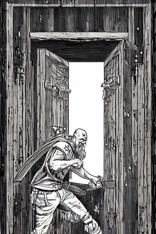 Prompt: warrior braking through huge wooden door with an axe, style of moebius, james jean, mcbess, cinematic, highly detailed, award winning, 8 k photorealistic