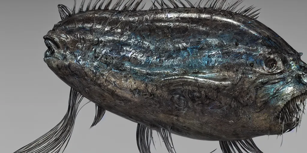 Image similar to angler fish, stylized layered textures, long flowing fins, bioluminescent orbs, 3 d render, substance painter, glowing eye, smooth, sharp focus, art by h r giger