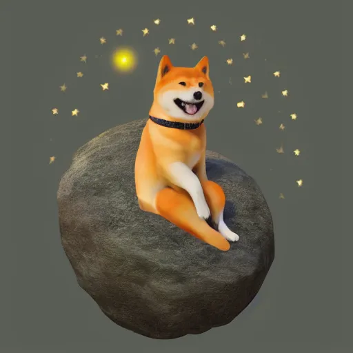 Image similar to A Shiba inu monk sits on a flying rock and travels through the universe , Artstation