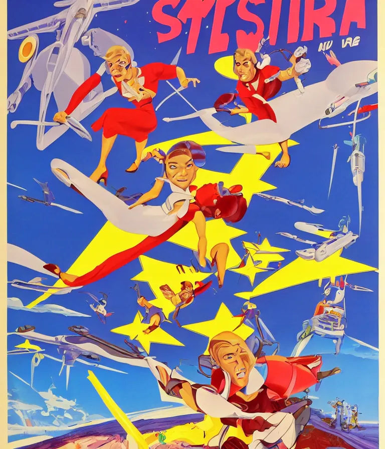 Image similar to Hannah Barbera cartoons of Five Star Stories as Whacky Races, promotional poster super detailed , xpensive production, realistic style, gouache colors, Hollywood retro cartoon poster, golden era of animation work