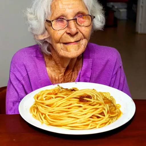 Image similar to grandma posing with her spaghetti, messy gross, she needs to wash