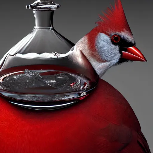 Image similar to a photorealistic photograph of a Cardinal bird inside of an Armagnac decanter Trending on Artstation, featured on Behance, well-rendered, Unreal Engine, 4K HD