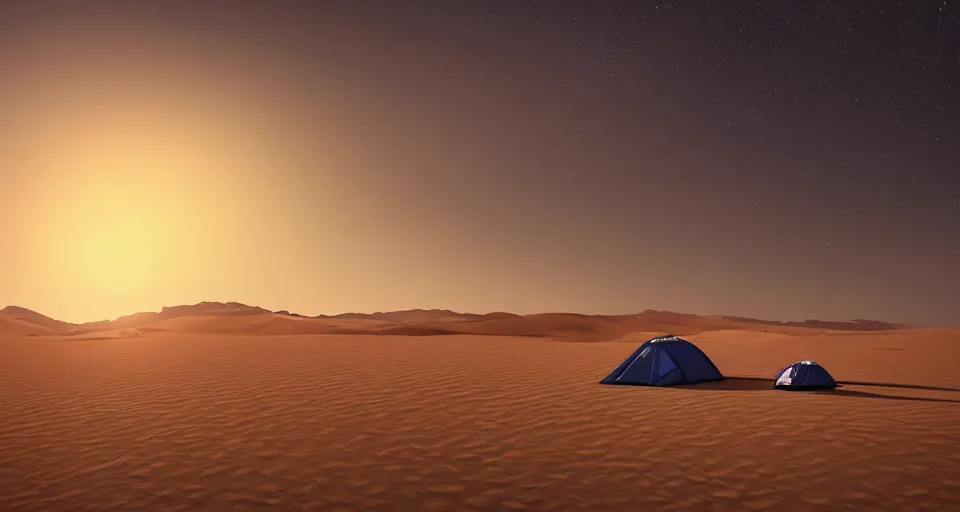 Prompt: small tent in the desert with dunes at night, blue color scheme, artstation, cgsociety