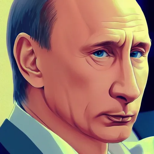 Image similar to high quality portrait of vladimir putin. art by makoto shinkai, crunchyroll, pixiv, danbooru, hd, headshot, cinematic still, detailed anime face, bokeh, digital art, cel shading, vivid colors, ambient lighting