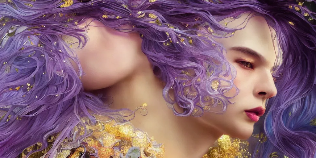Image similar to wide angle, opulescent purple panther, metallic silver and ice color reflected crystal hair, leaping from willow tree, fantasy, intricate, very beautiful, elegant, golden light, highly detailed, digital painting, artstation, concept art, smooth, sharp focus, unreal engine, art by wlop and tian zi and alphonse mucha