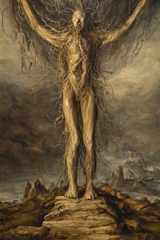 Image similar to this monster stands ever at the threshold of each new onward step and is in very truth the son of perdition, 8k image, ultrarealistic, elaborate and emotive, transcendental