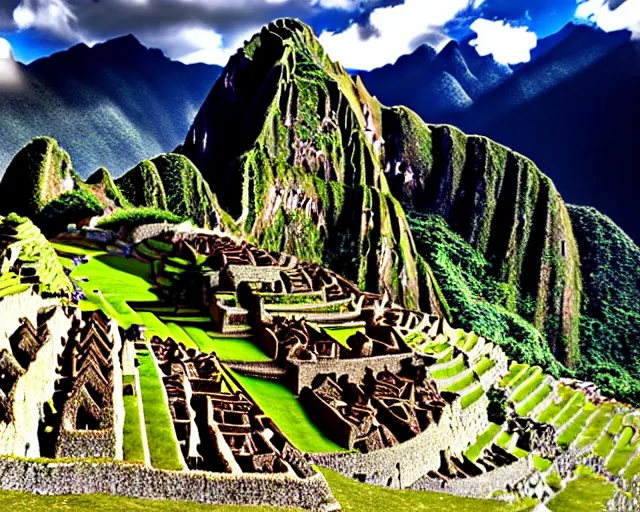 Image similar to 4 k hd, high resolution photograph of machu picchu, shot with sigma f / 4. 2, 2 5 0 mm sharp lens, wide shot, volumetric lighting, high level texture render