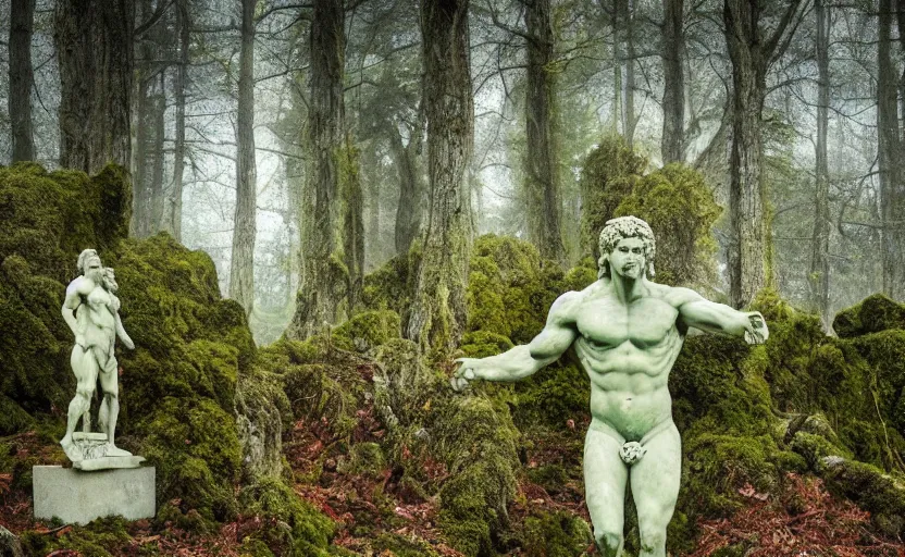 Image similar to a mossy greek marble statue of a very muscular man abandoned in the middle of a forest near a lake at sunset, concept art, godrays, complementary colors, calm, relaxing, beautiful landscape, highly detailed, high quality, 4k HDR, path tracing, serene landscape, high coherence, soft lighting