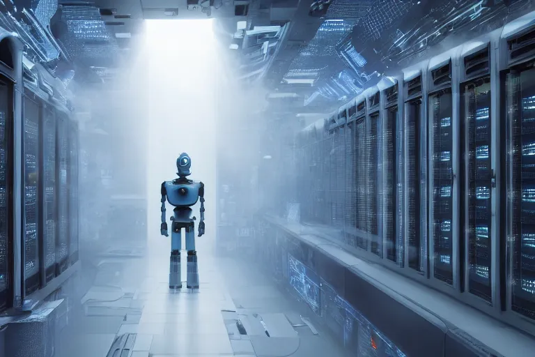 Image similar to extremely detailed cinematic movie still 3 0 7 7 foggy portrait shot of a robot in an endless data centre by denis villeneuve, wayne barlowe, simon birch, marc simonetti, philippe druillet, beeple, bright volumetric sunlight from small windows, rich moody colors