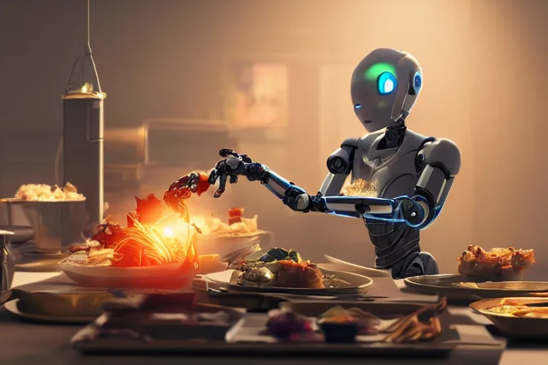 Robot Chef cooking soup 3d realistic animated scene Vray | 3D model