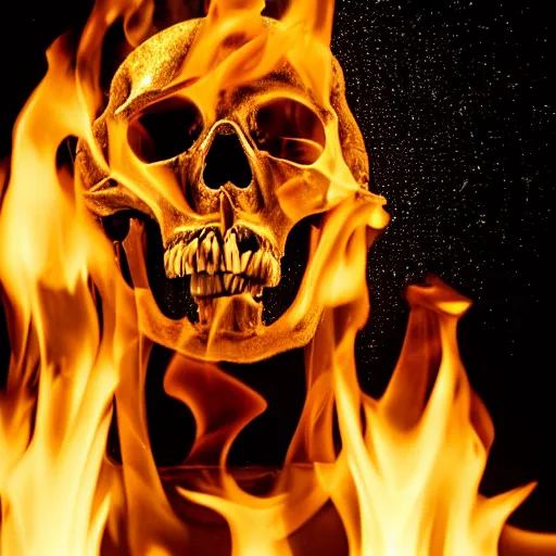 Prompt: golden human skull burning in fire