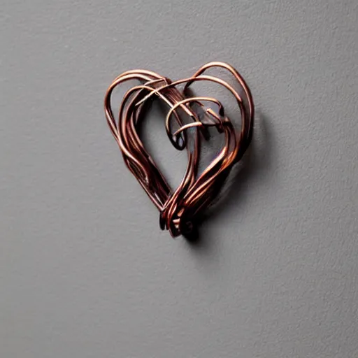 Prompt: a very beautiful tiny organic sculpture in the shape of a ( ( ( ( human heart ) ) ) )!!!!!!!!!!!!!!!!!!!!!!!!! made of copper wire and threaded pipes, very intricate, curved. studio lighting, high resolution, high quality, black background