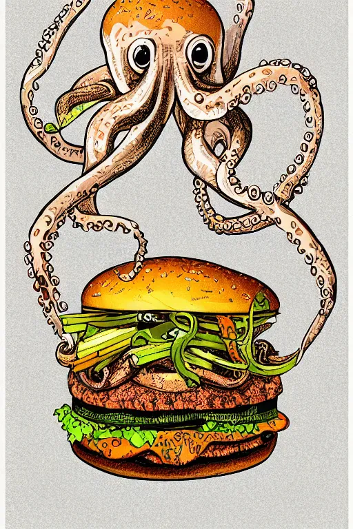 Image similar to illustration of a an octopus inside a cheeseburger, highly detailed, 8 k, vintage, screen print, trending on artstation