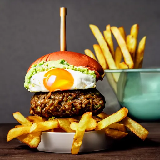 Image similar to a hamburger with guacamole topping and crispy fried onion topping and fried egg topping next to a bowl of french fries, crispy buns, 8 k resolution, studio lighting, sharp focus, hyper - detailed