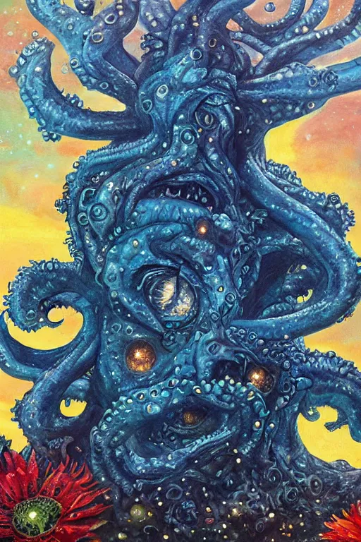 Image similar to oil painting, close-up, hight detailed, giant lovecraftian monster with flowers everywhere beneath night stars mixed with blue sky, in style of 80s sci-fi art, neodada