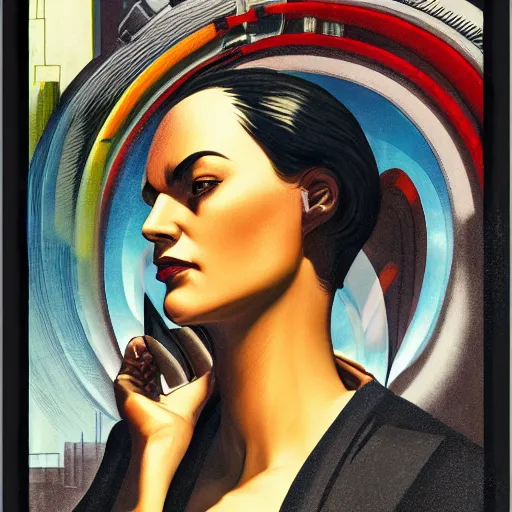 Image similar to detailed face of a woman, clockwork, moment, tectonic sky, skydome, bullet train, turbines, utopian, tech noir, wet reflections, prism, atmospheric, ambient, pj crook, syd mead, emma uber, greg rutkowski, edward hopper