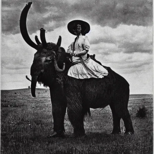 Prompt: vintage photograph of a woman riding a mammoth, 1900s, grain, highly realistic, black and white, Gertrude Käsebier