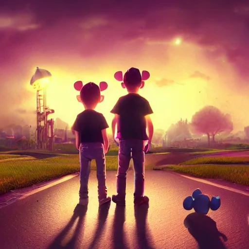 Prompt: miniature deadmau5 kids standing back to back, twilight zone background, illustration, artgerm, octane render, inspired by Greg rutkowski, colorful, studio lighting, full body,