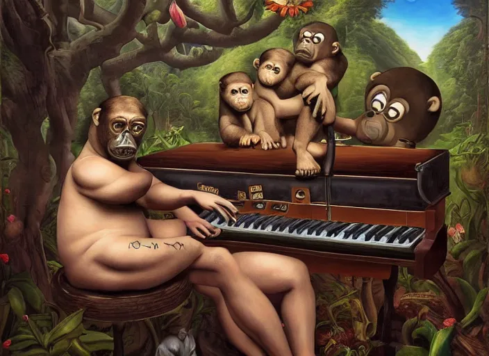 Image similar to 🦍🎹🎼, lowbrow in the style of camille rose garcia and mark ryden and salvador dali, 8 k, matte painting,