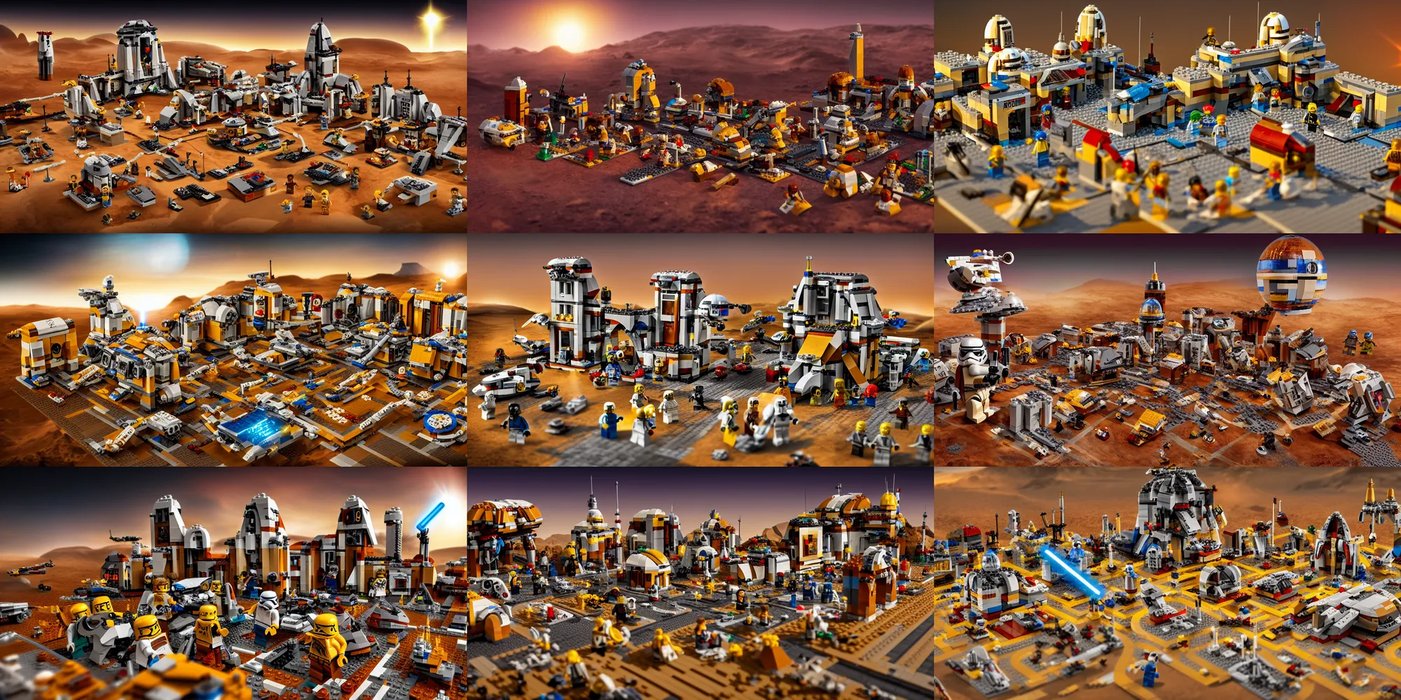 Prompt: lego town on mars colony, highly detailed, photo realistic, depth of field, dusk, golden hour, futuristic, star wars