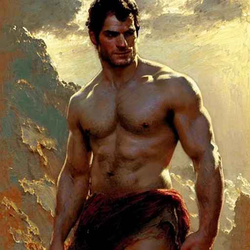 Image similar to Henry Cavill as a greek god, muscular, detailed face, thighs, painting by Gaston Bussiere, Craig Mullins