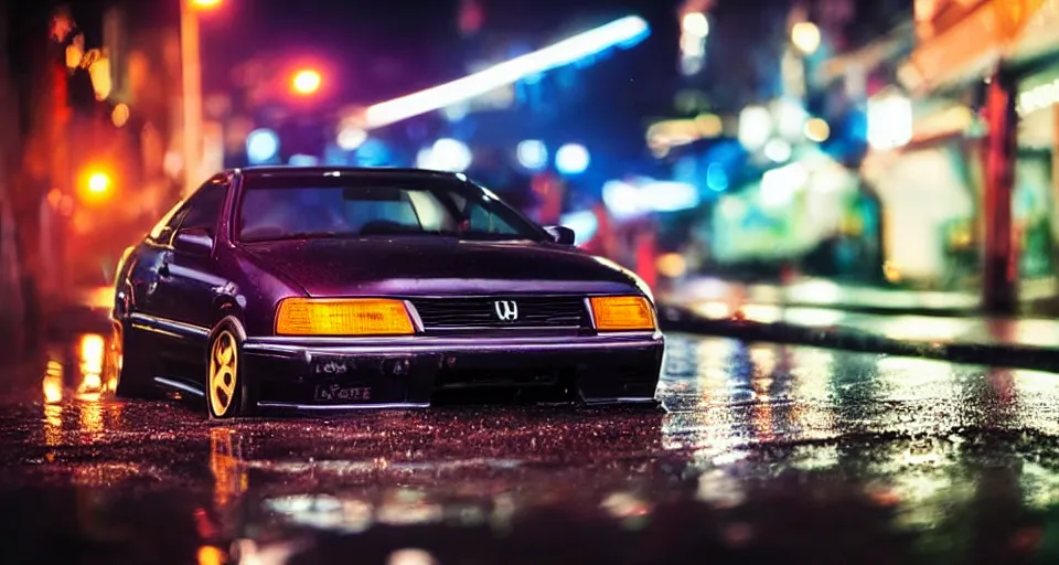 Image similar to close up macro shot of a honda prelude car on wet city street at night intricate hyper detailed smooth high contrast neon volumetric li